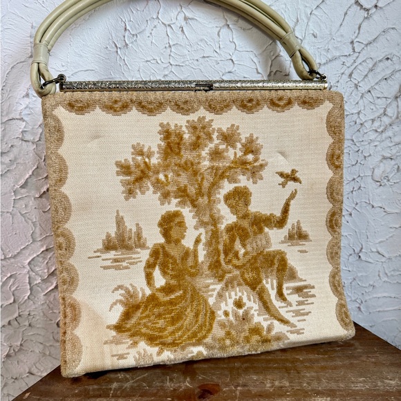 Handbags - Vintage Cream and Brown Tapestry Handbag Midcentury Frame Purse